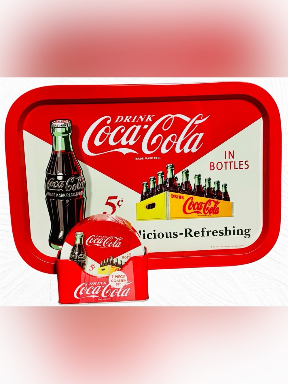 Coca Cola Retro Tin Box Company Serving Tray & Matching Coaster Set